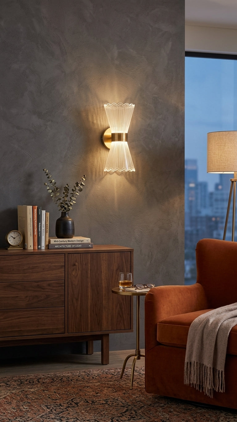 Hourglass crystal wall sconce mounted in a living room, casting a fanned warm light pattern on the wall.