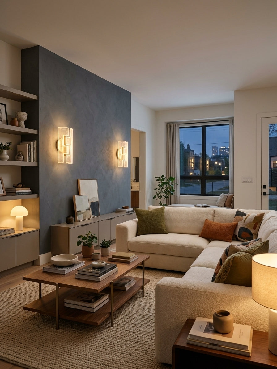 A modern living room interior with a cream sectional sofa, wooden coffee table, shelving, wall sconces, and a showcase of the led wall sconce on the wall.