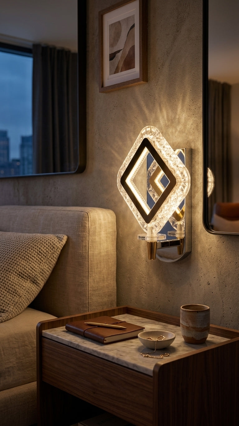 Crystal LED wall sconce mounted on a bedroom wall, casting a warm prismatic glow.