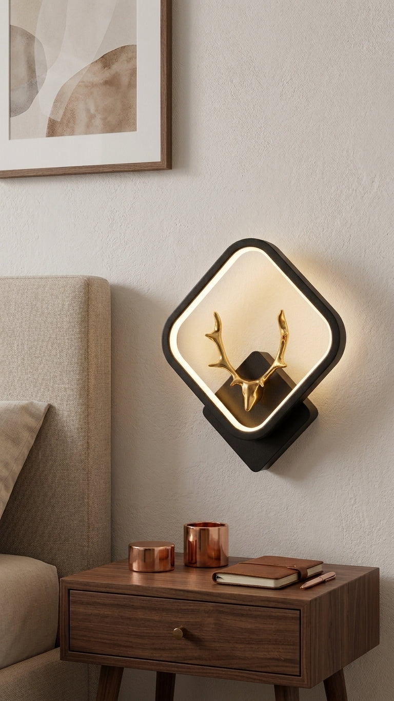 A modern diamond-shaped wall sconce with a black frame and a gold deer head motif, glowing with warm light on a beige wall above a wooden nightstand.