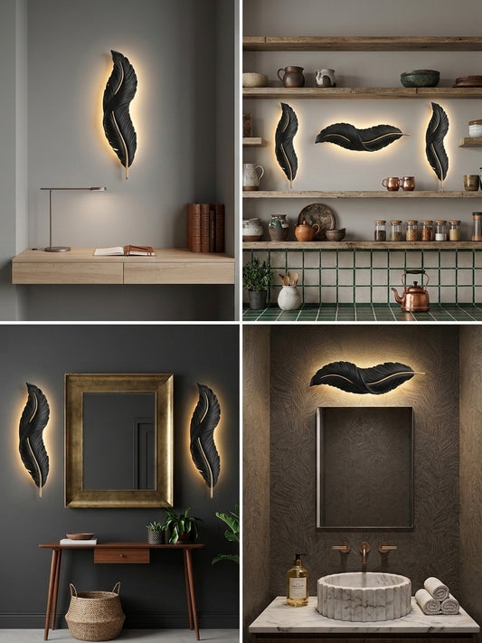 A four-panel collage showing a black leaf-shaped wall sconce light fixture in different interior settings: above a console table, on a shelf with decorative objects, beside a mirror in a hallway, and above a bathroom sink. The fixture emits a warm yellow glow.