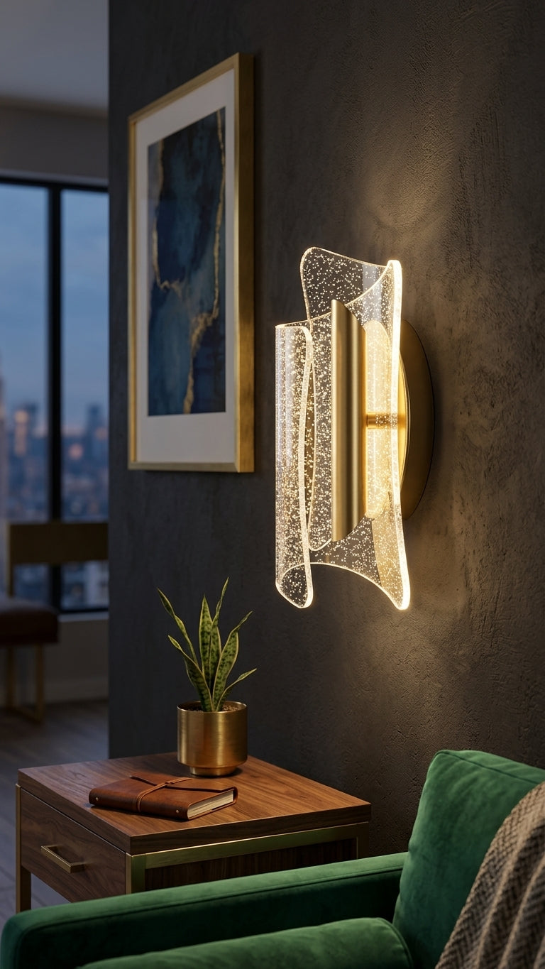 Glitter acrylic wall sconce mounted on a hallway wall with warm LED glow.