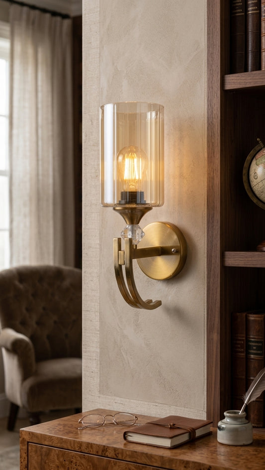 A detailed, side-profile view of a sophisticated modern wall sconce, featuring a richly patinated brushed brass finish and a unique U-shaped design. A cylindrical fluted amber glass shade cradles an illuminated vintage-style LED filament bulb, accented by a central crystal prism. The sconce is mounted on a textured, neutral plaster wall, creating a rich texture contrast against a dark wood bookshelf and a plush velvet armchair in a refined home library.