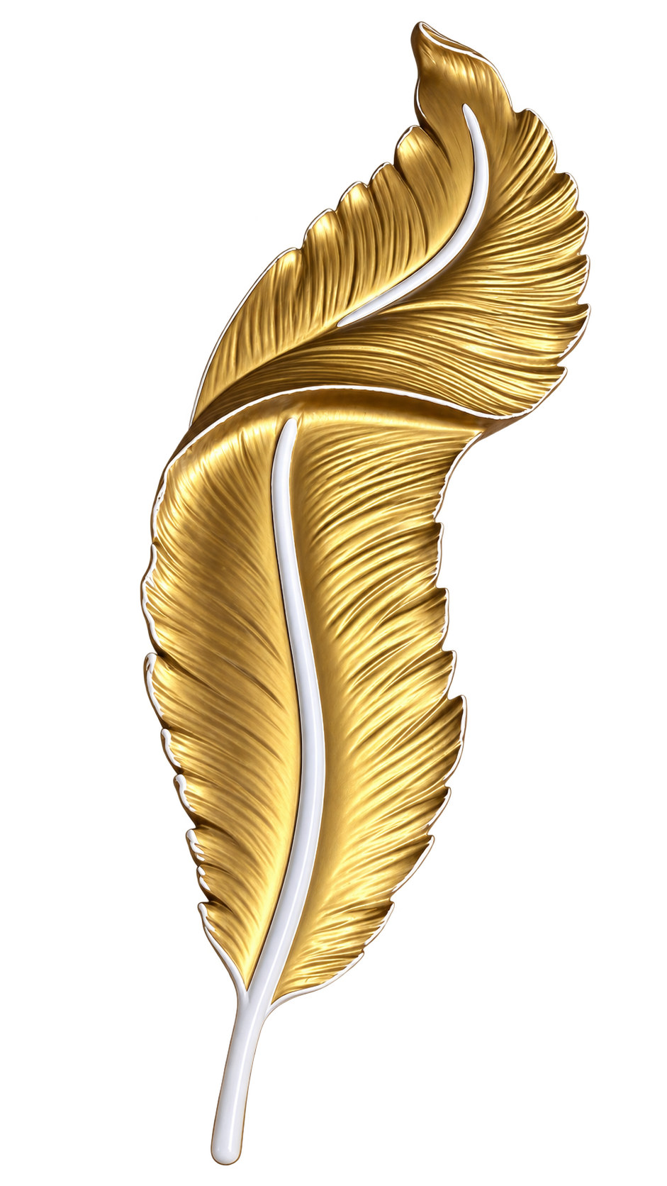 A stylized gold feather pendant or brooch with a white central vein, isolated on a solid white background.