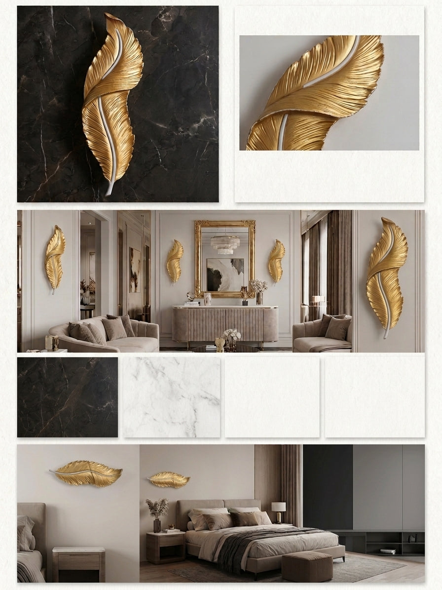 A collage showing a decorative gold feather wall sconce in multiple interior settings and close-up views. The product appears as a metallic gold feather-shaped wall decor piece mounted on dark marble, light gray, and beige walls, with one larger room scene showing the sconce in a styled bedroom and living space.