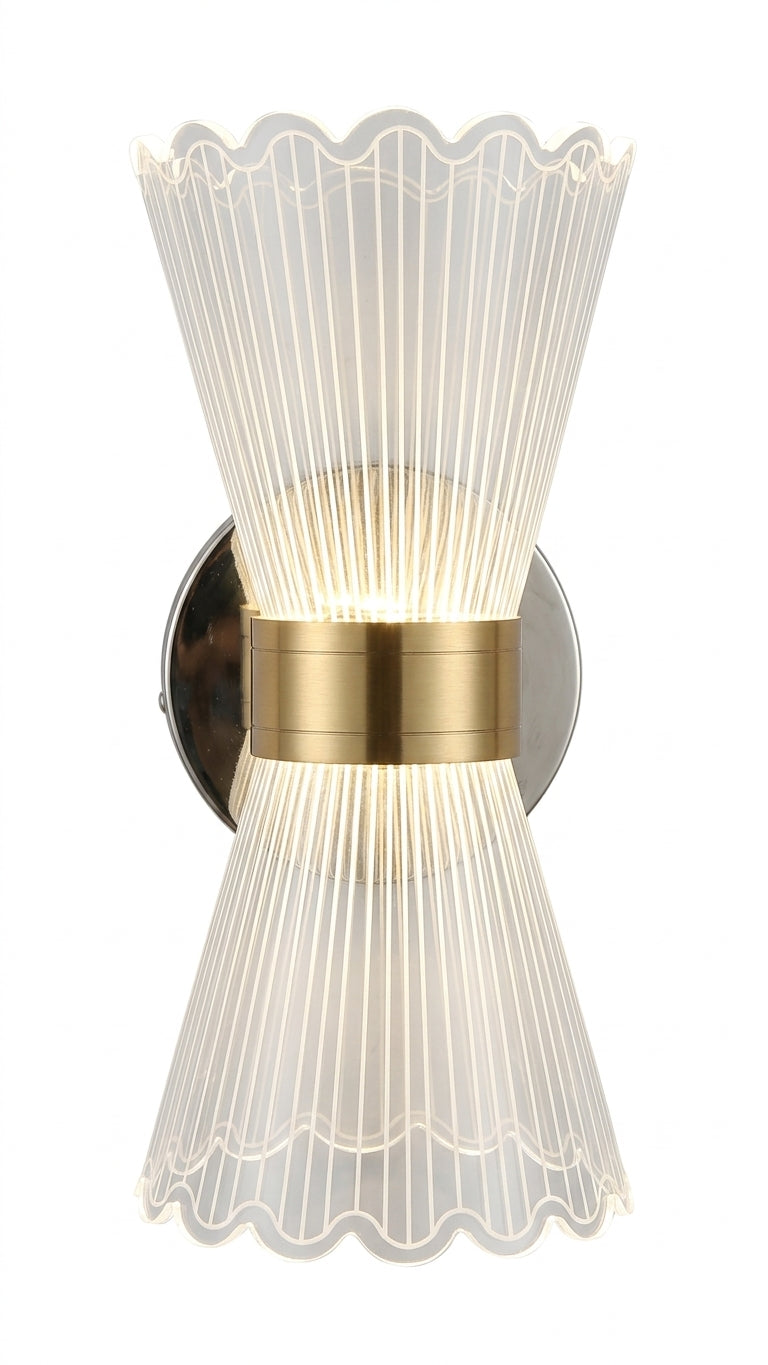 Hourglass LED wall sconce with fluted crystal shades and brushed brass center band on white background
