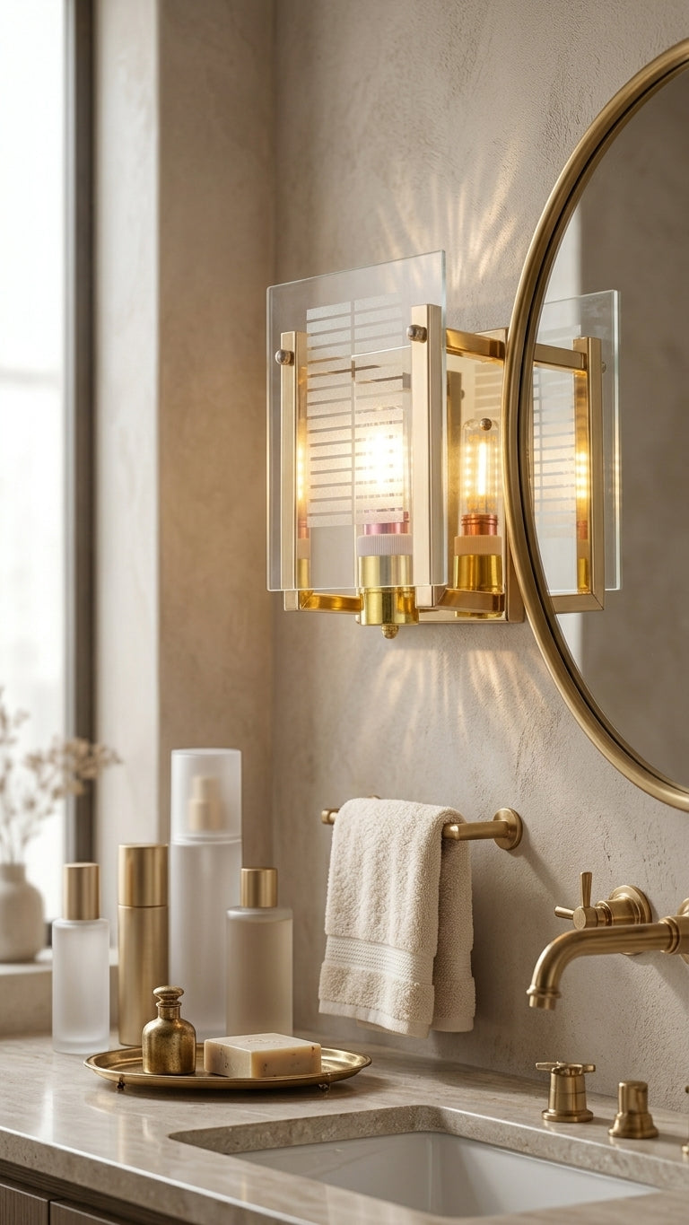 A well-lit, luxury master bathroom vanity nook at twilight. A modern geometric brass wall sconce with glowing filament bulbs is mounted on a textured plaster wall, centered above a cream-colored hand towel on a matching brass rack. To the right, a large round brass-framed mirror reflects the window and a second identical sconce. On the marble countertop are high-end toiletries on a brass tray and a sink with dual brass faucets. The window to the left shows a soft view of distant greenery.