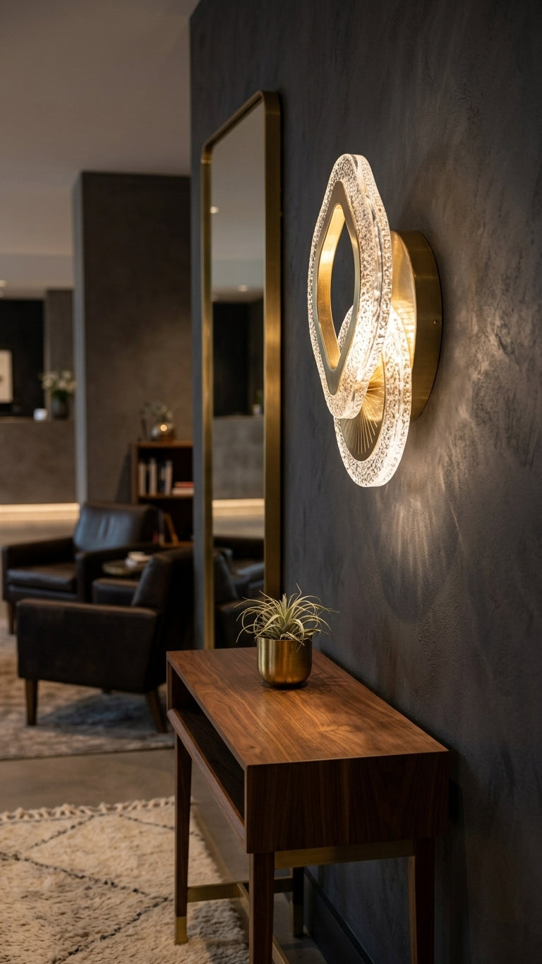 A modern wall-mounted light fixture with interlocking circular rings, featuring a clear textured glass outer ring and a polished gold inner ring, mounted on a dark textured wall above a wooden console table.