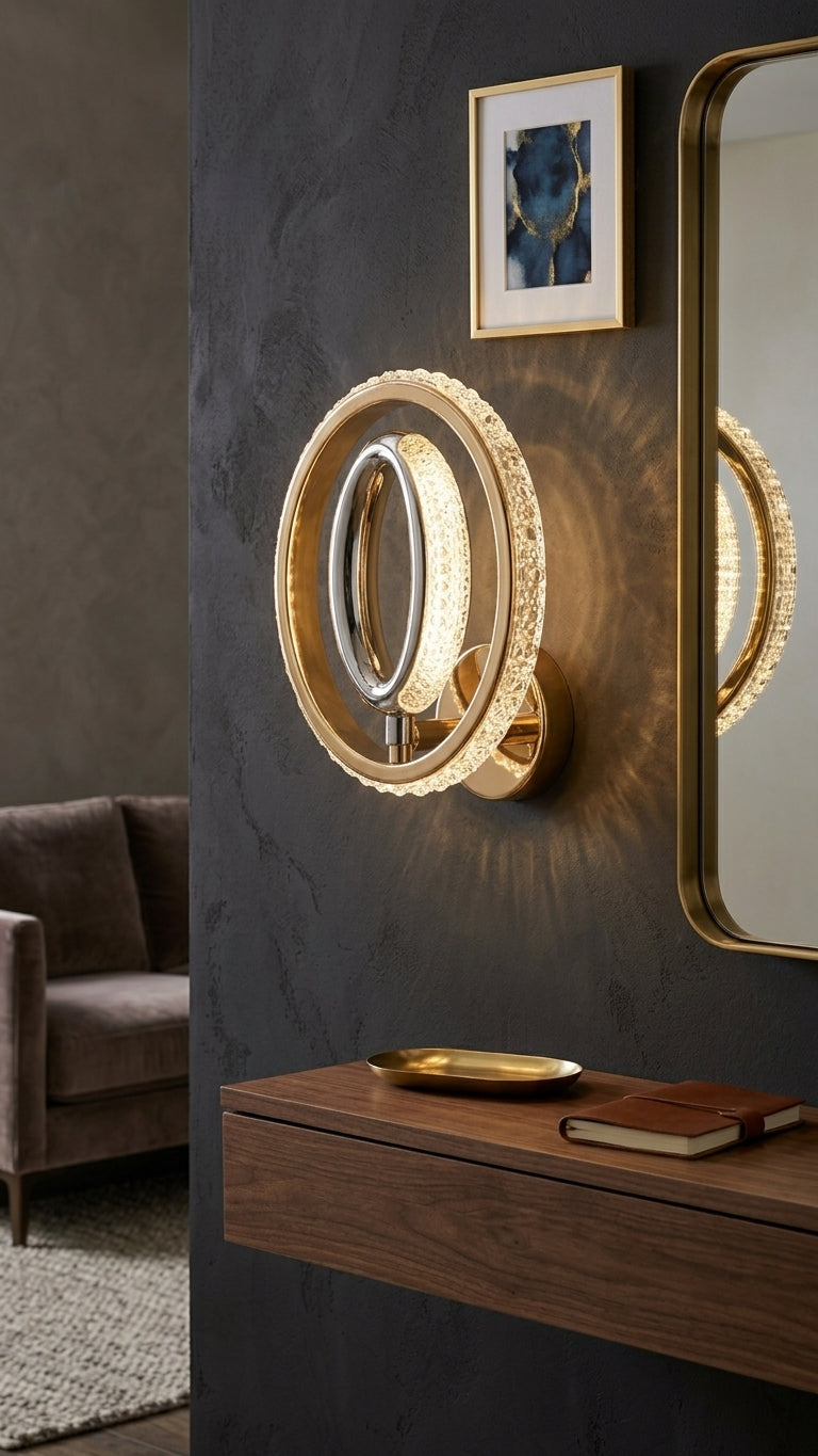 A modern wall-mounted circular light fixture with a gold-toned frame and clear crystal-like accents, illuminated in a warm glow, mounted on a dark textured wall above a wooden console table.