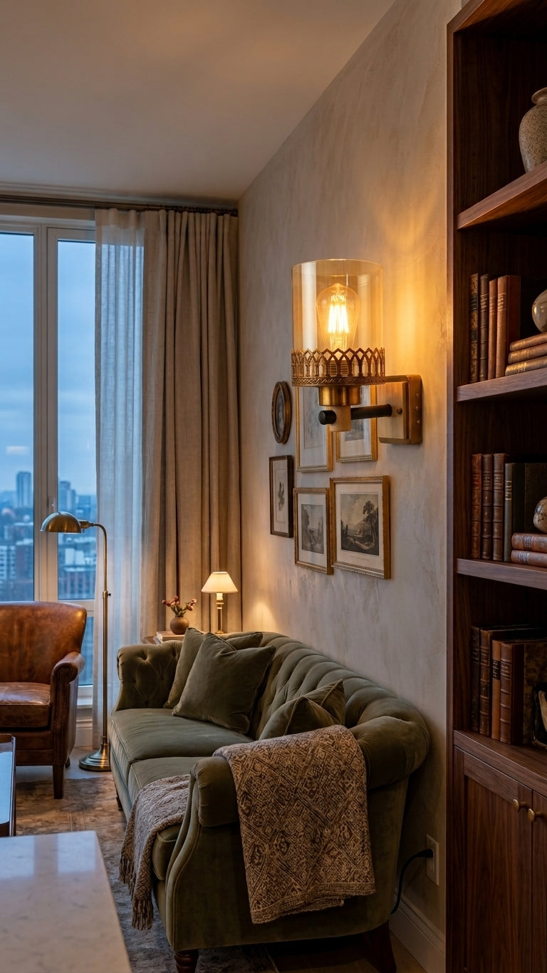 A warm, cozy living room corner featuring an olive green velvet sofa with a textured throw blanket, a wall-mounted brass and glass sconce, a bookshelf, and a window with city views.