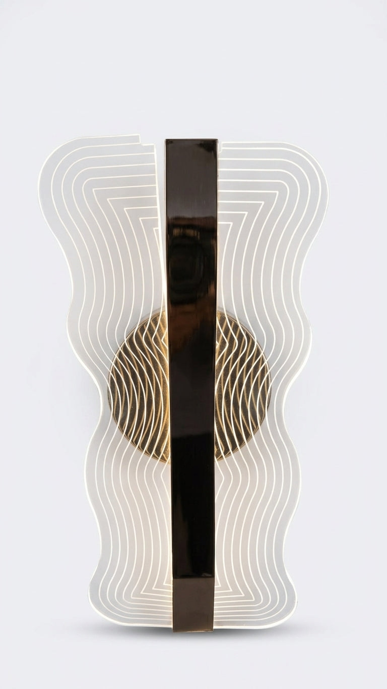 Waveform textured acrylic & gold LED wall sconce with rippled light-diffusing panel front face.