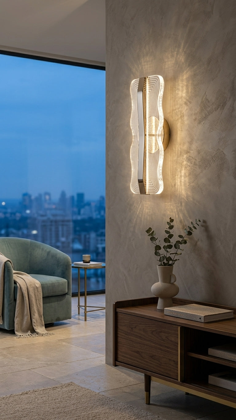 Waveform textured acrylic & gold LED wall sconce with rippled light-diffusing panel being used in a corridor.