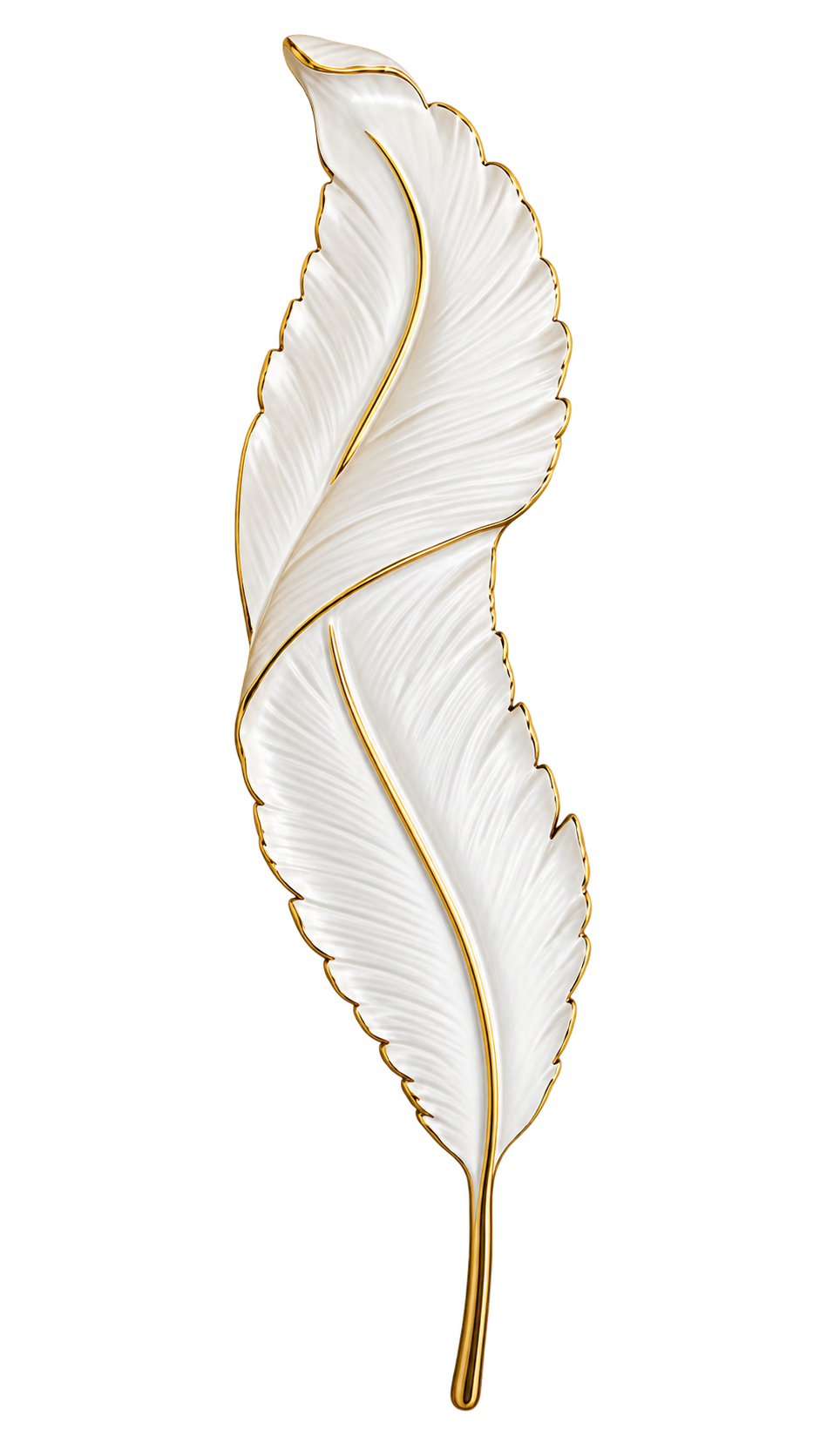 A white feather-shaped decorative object with metallic gold edging and a gold center vein, shown on a plain white background.