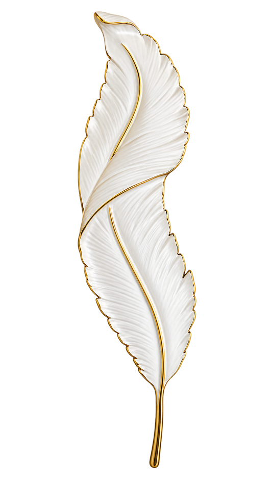 A white feather-shaped decorative object with metallic gold edging and a gold center vein, shown on a plain white background.