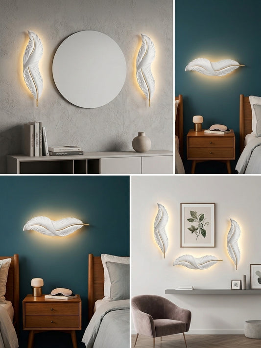 A four-panel collage showing feather-shaped wall sconces installed in real bedroom and interior settings. The sconces are white with warm yellow light, mounted on walls above beds, beside a round mirror, and above a shelf.