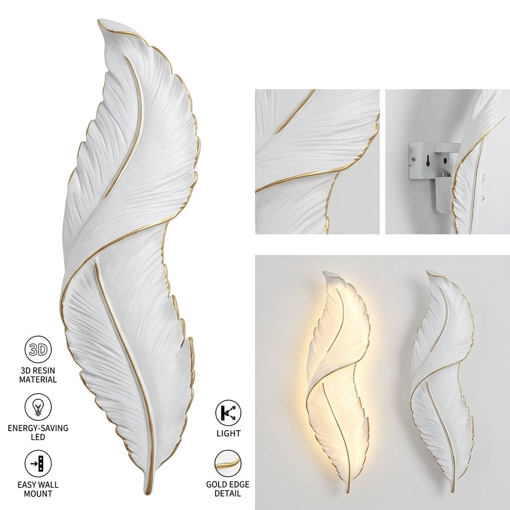 A decorative wall-mounted feather-shaped sconce shown in multiple views on a white background, with feature callouts including 3D resin material, energy-saving LED, easy wall mount, and gold edge detail. The main product is a white feather with thin gold edging; one inset shows it lit in a warm white glow.