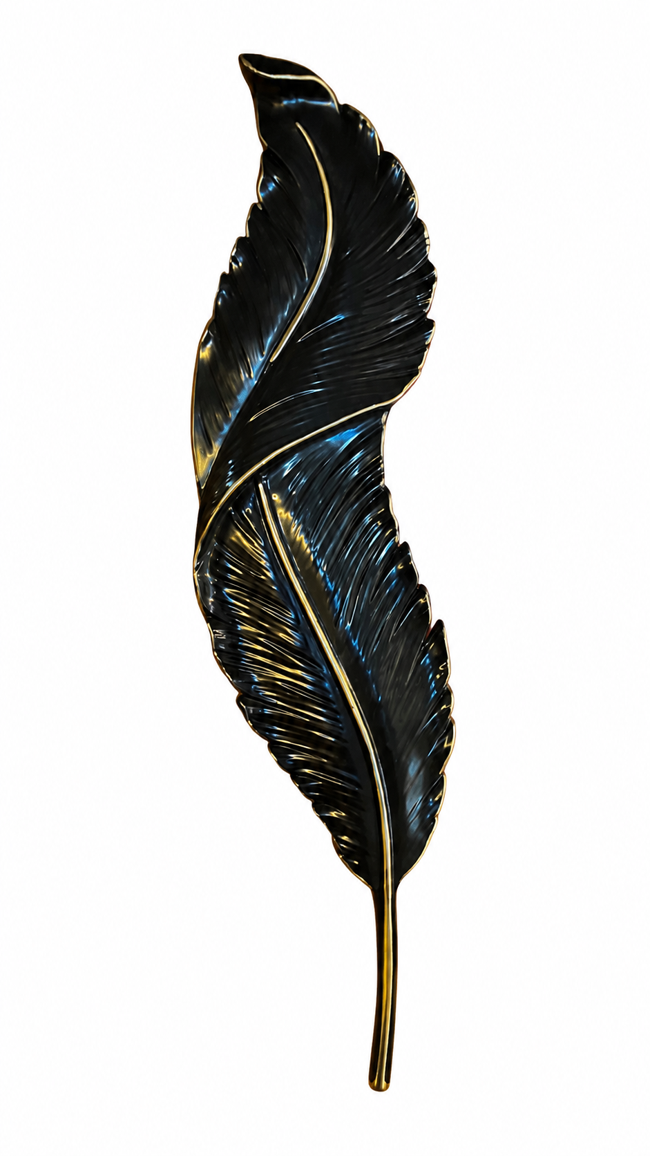 A decorative feather-shaped wall piece or ornament in glossy black enamel with gold-toned edging and a gold stem, shown against a plain white background.